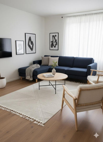 Cream Textured Geometric Carpet with Tassels, Minimalist Scandi Home Decor, Neutral Living Room Rug.