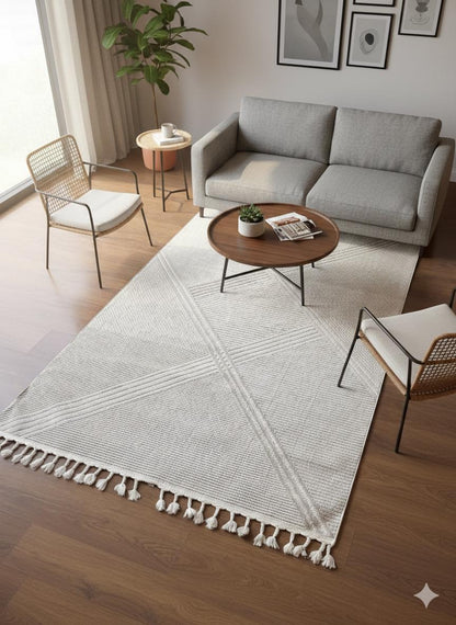 Cream Textured Geometric Carpet with Tassels, Minimalist Scandi Home Decor, Neutral Living Room Rug.