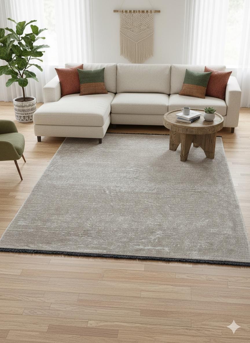 Cream Textured Geometric Carpet with Tassels, Minimalist Scandi Home Decor, Neutral Living Room Rug.