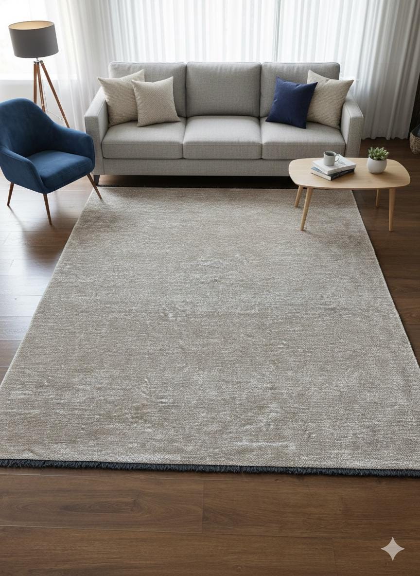Cream Textured Geometric Carpet with Tassels, Minimalist Scandi Home Decor, Neutral Living Room Rug.