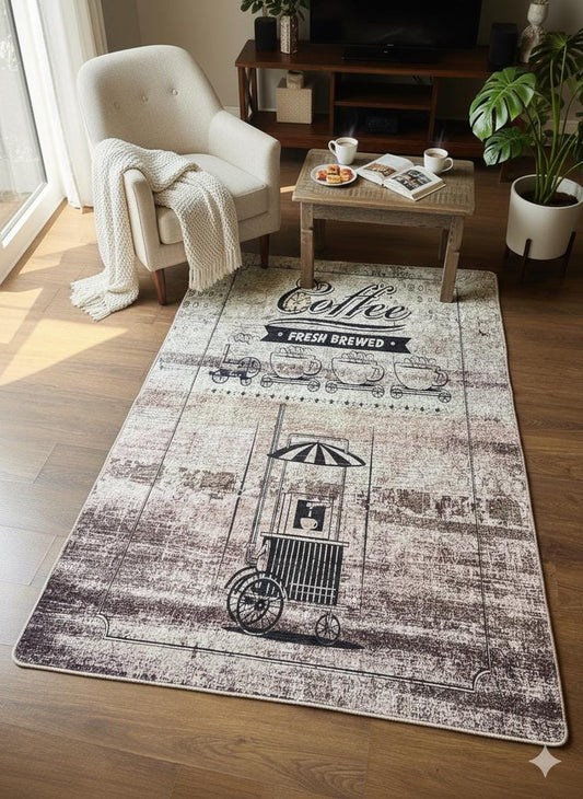 Vintage Coffee Cart Rug – Distressed Espresso Bar Runner, Rustic Kitchen Decor