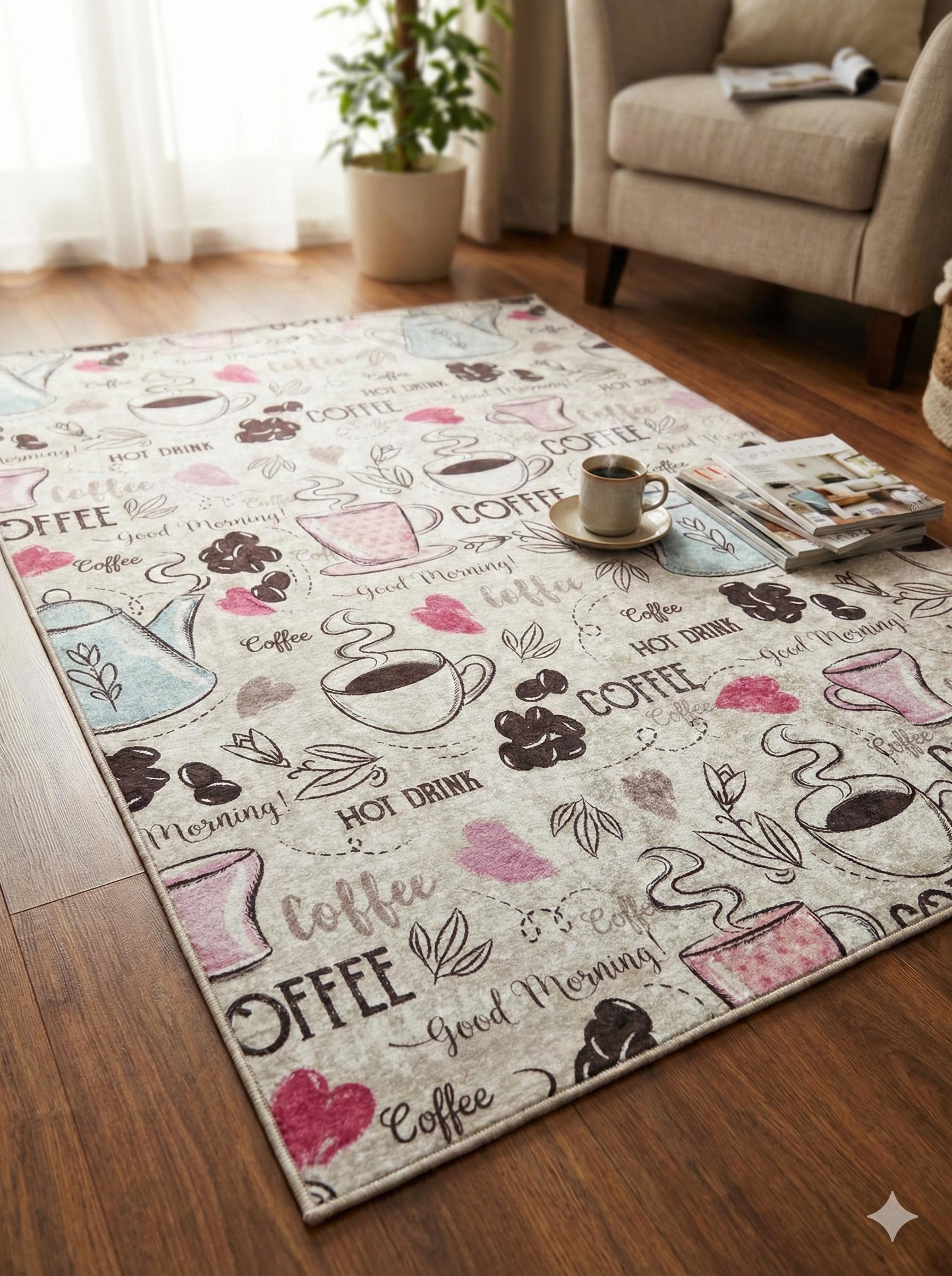 Pink Teal Coffee Cafe Area Rug – Whimsical Morning Kitchen Mat