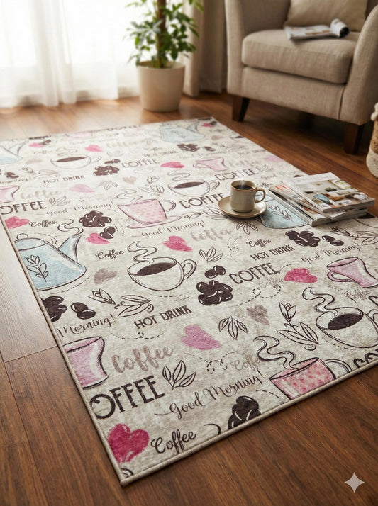 Pink Teal Coffee Cafe Area Rug – Whimsical Morning Kitchen Mat