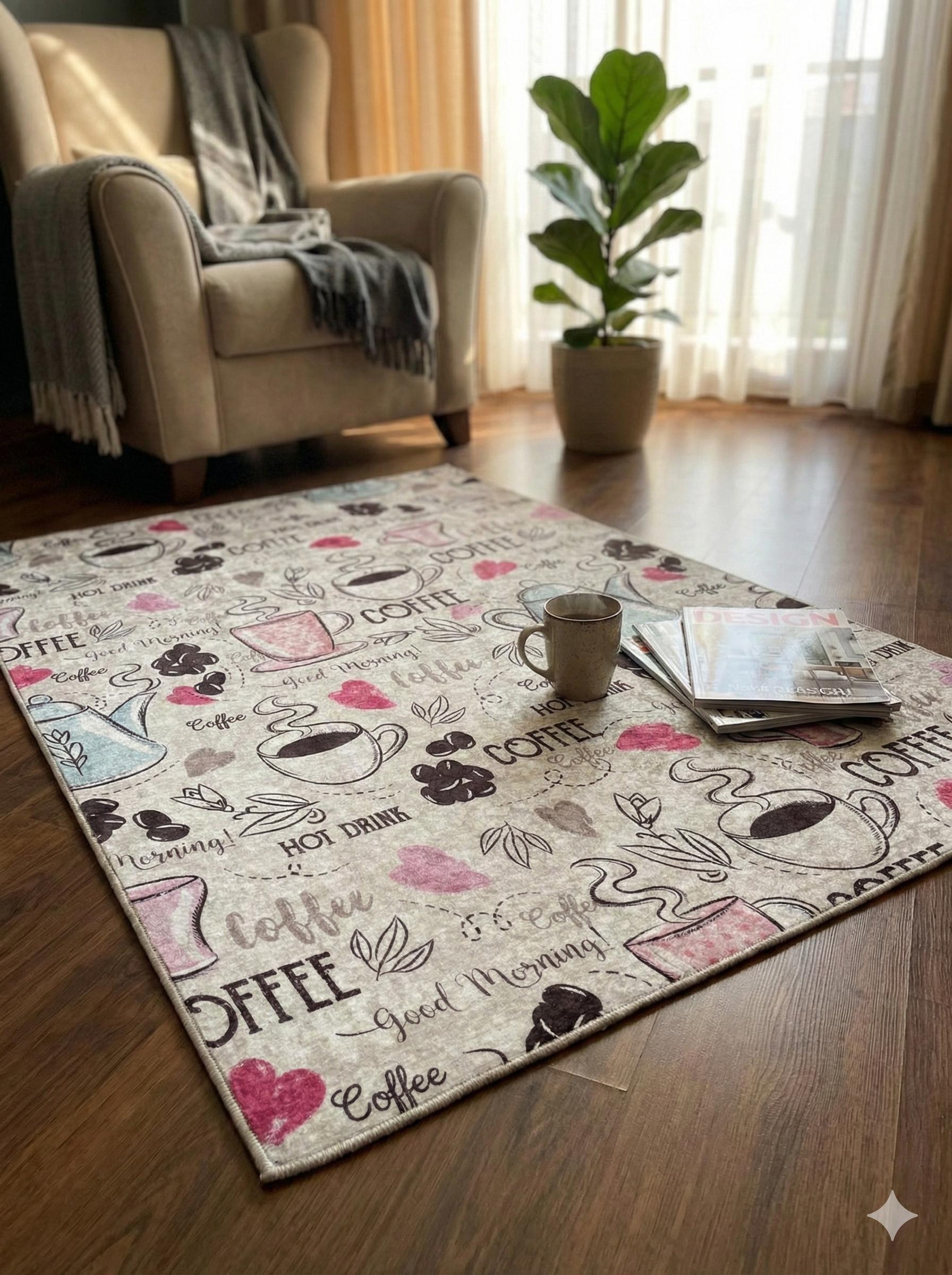 Pink Teal Coffee Cafe Area Rug – Whimsical Morning Kitchen Mat
