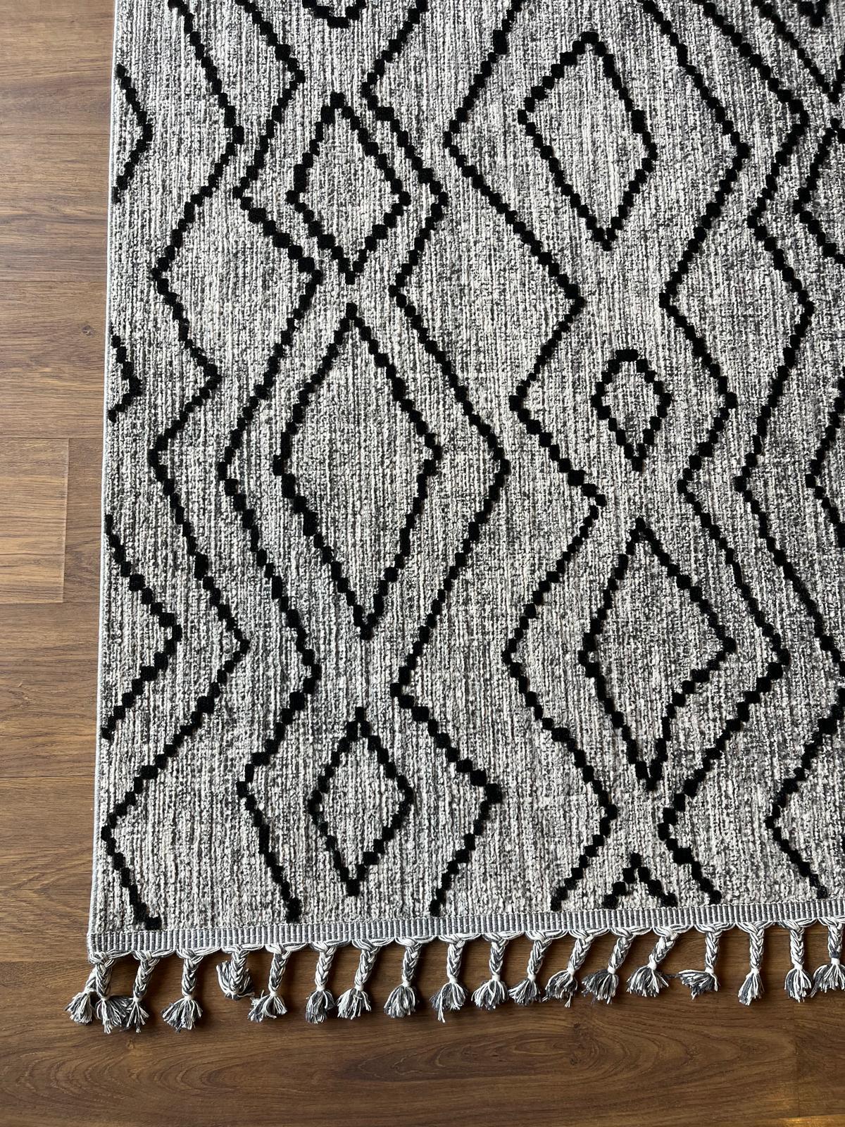 Gray Textured Geometric Carpet with Tassels, Minimalist Scandi Home Decor, Neutral Living Room Rug.