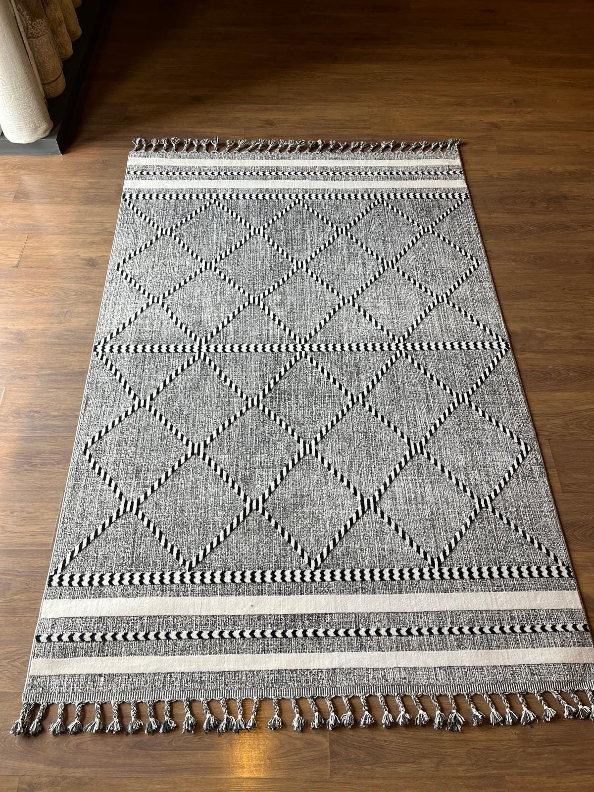 Gray Textured Geometric Carpet with Tassels, Minimalist Scandi Home Decor, Neutral Living Room Rug.