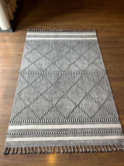 Gray Textured Geometric Carpet with Tassels, Minimalist Scandi Home Decor, Neutral Living Room Rug.