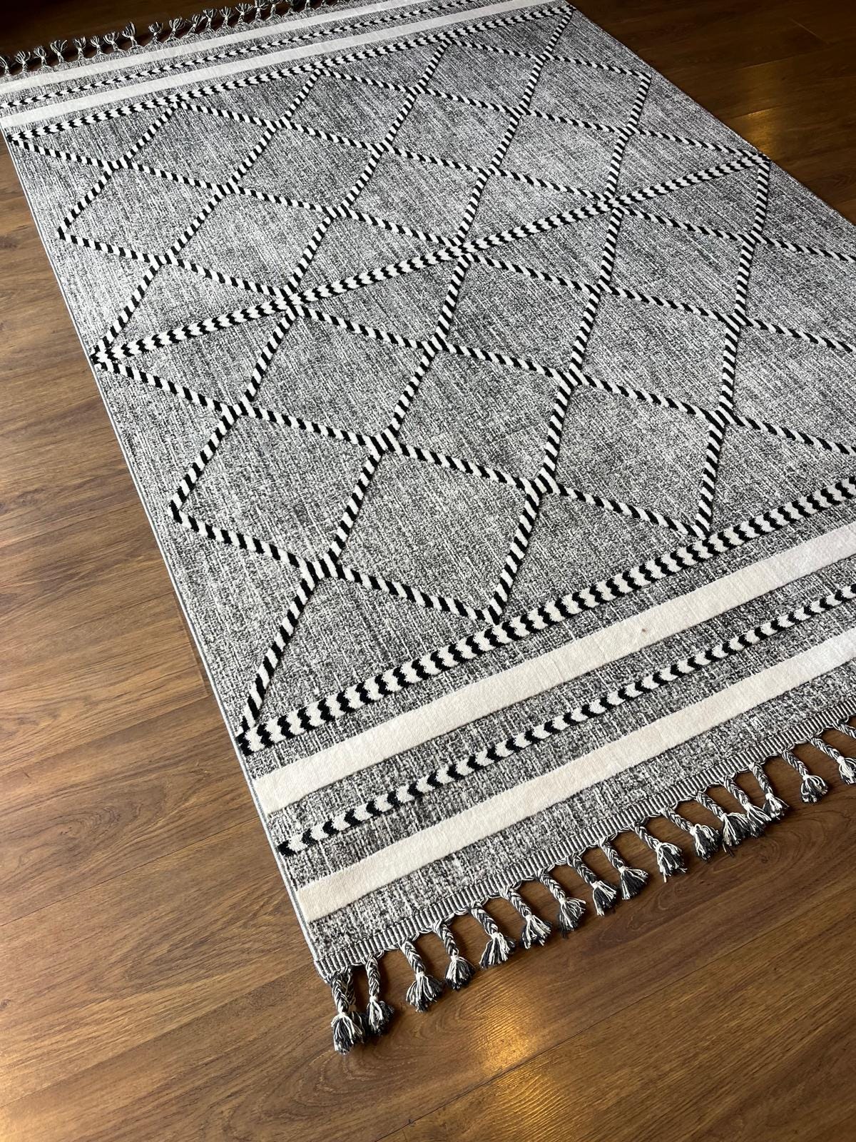 Gray Textured Geometric Carpet with Tassels, Minimalist Scandi Home Decor, Neutral Living Room Rug.