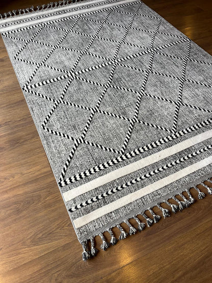 Gray Textured Geometric Carpet with Tassels, Minimalist Scandi Home Decor, Neutral Living Room Rug.