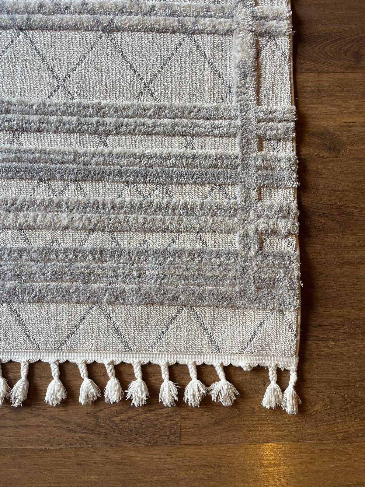 Gray Textured Geometric Carpet with Tassels, Minimalist Scandi Home Decor, Neutral Living Room Rug.