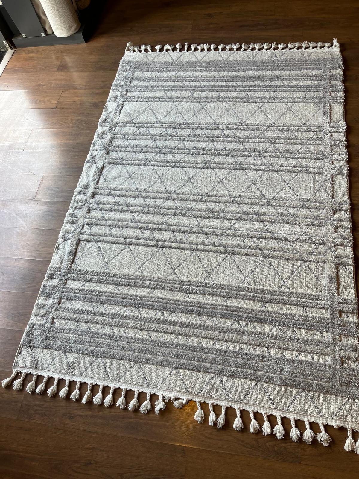 Gray Textured Geometric Carpet with Tassels, Minimalist Scandi Home Decor, Neutral Living Room Rug.