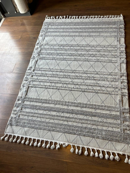 Gray Textured Geometric Carpet with Tassels, Minimalist Scandi Home Decor, Neutral Living Room Rug.