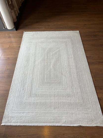 Modern White Texture Rug, 5x7 Cream Contemporary Area Carpet (160x230cm)