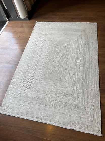 Modern White Texture Rug, 5x7 Cream Contemporary Area Carpet (160x230cm)