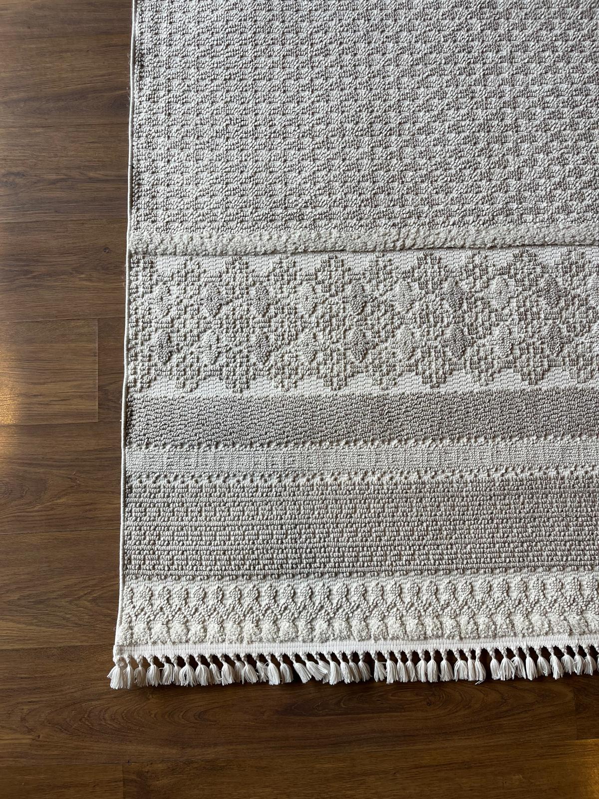 Cream Textured Geometric Carpet with Tassels, Minimalist Scandi Home Decor, Neutral Living Room Rug.