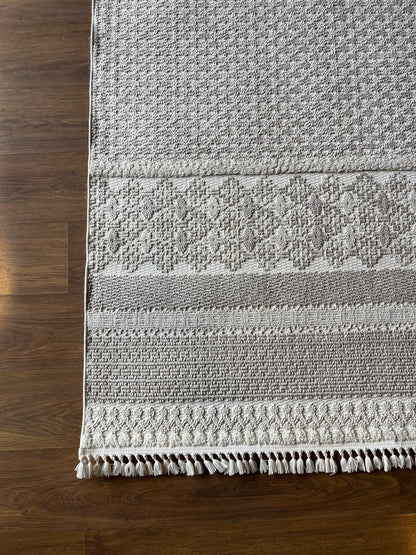 Cream Textured Geometric Carpet with Tassels, Minimalist Scandi Home Decor, Neutral Living Room Rug.