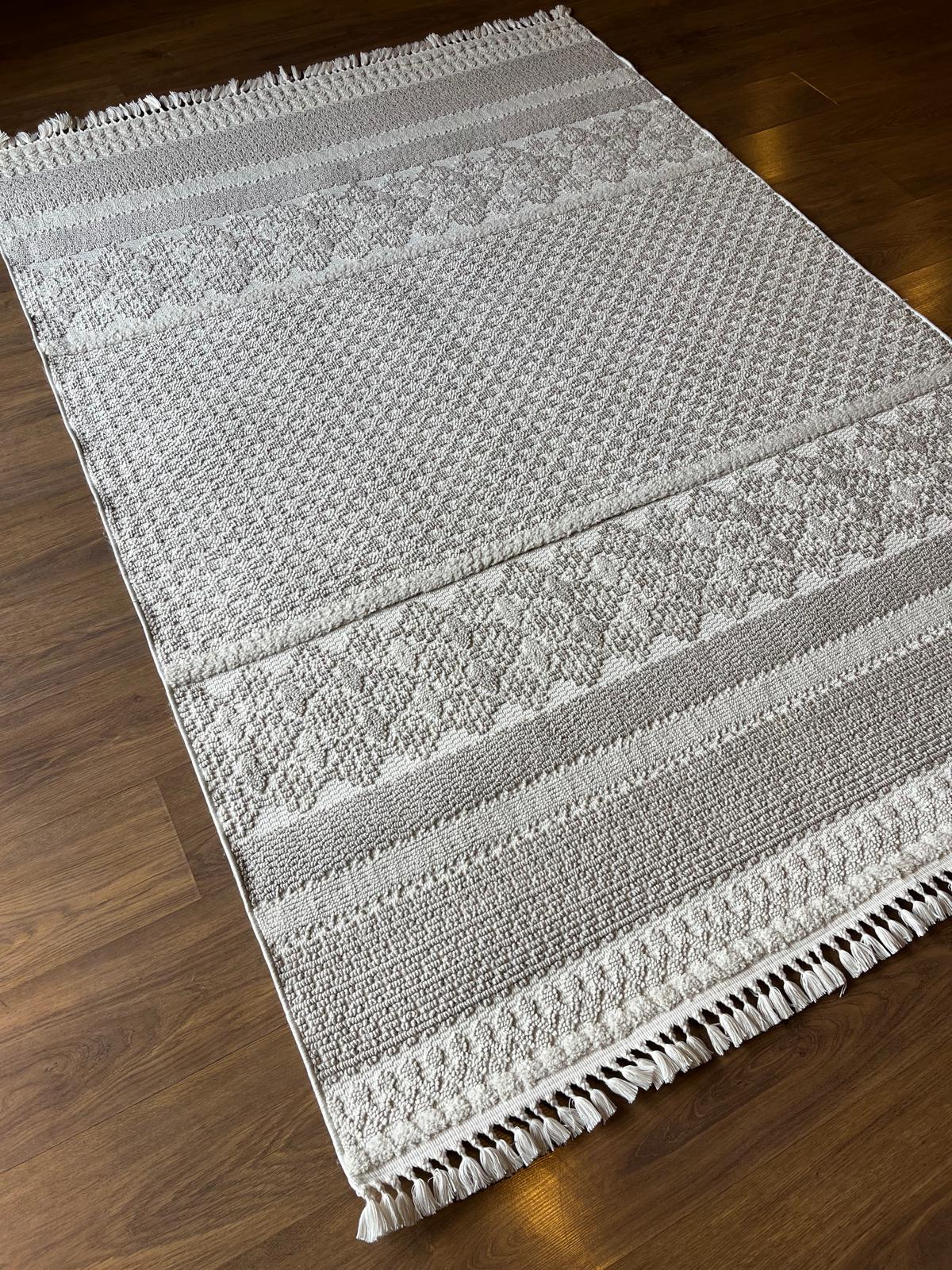 Cream Textured Geometric Carpet with Tassels, Minimalist Scandi Home Decor, Neutral Living Room Rug.