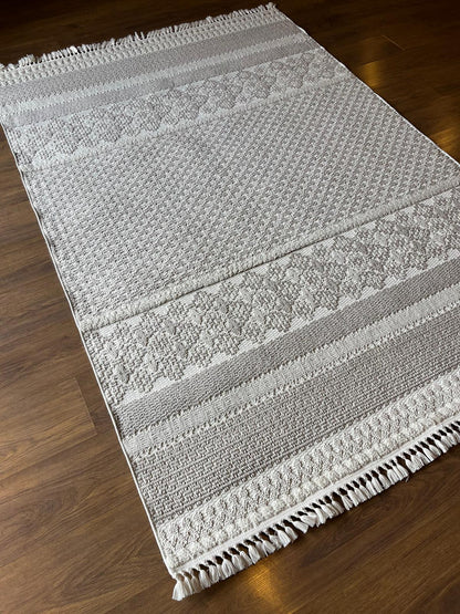 Cream Textured Geometric Carpet with Tassels, Minimalist Scandi Home Decor, Neutral Living Room Rug.