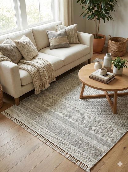 Cream Textured Geometric Carpet with Tassels, Minimalist Scandi Home Decor, Neutral Living Room Rug.