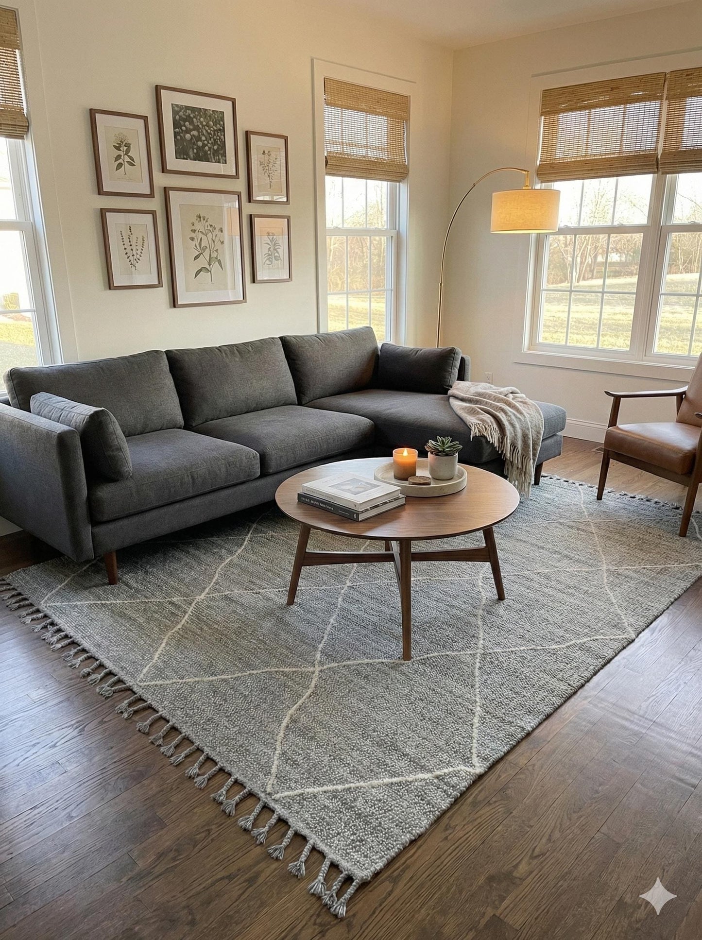 Gray Textured Geometric Carpet with Tassels, Minimalist Scandi Home Decor, Neutral Living Room Rug.