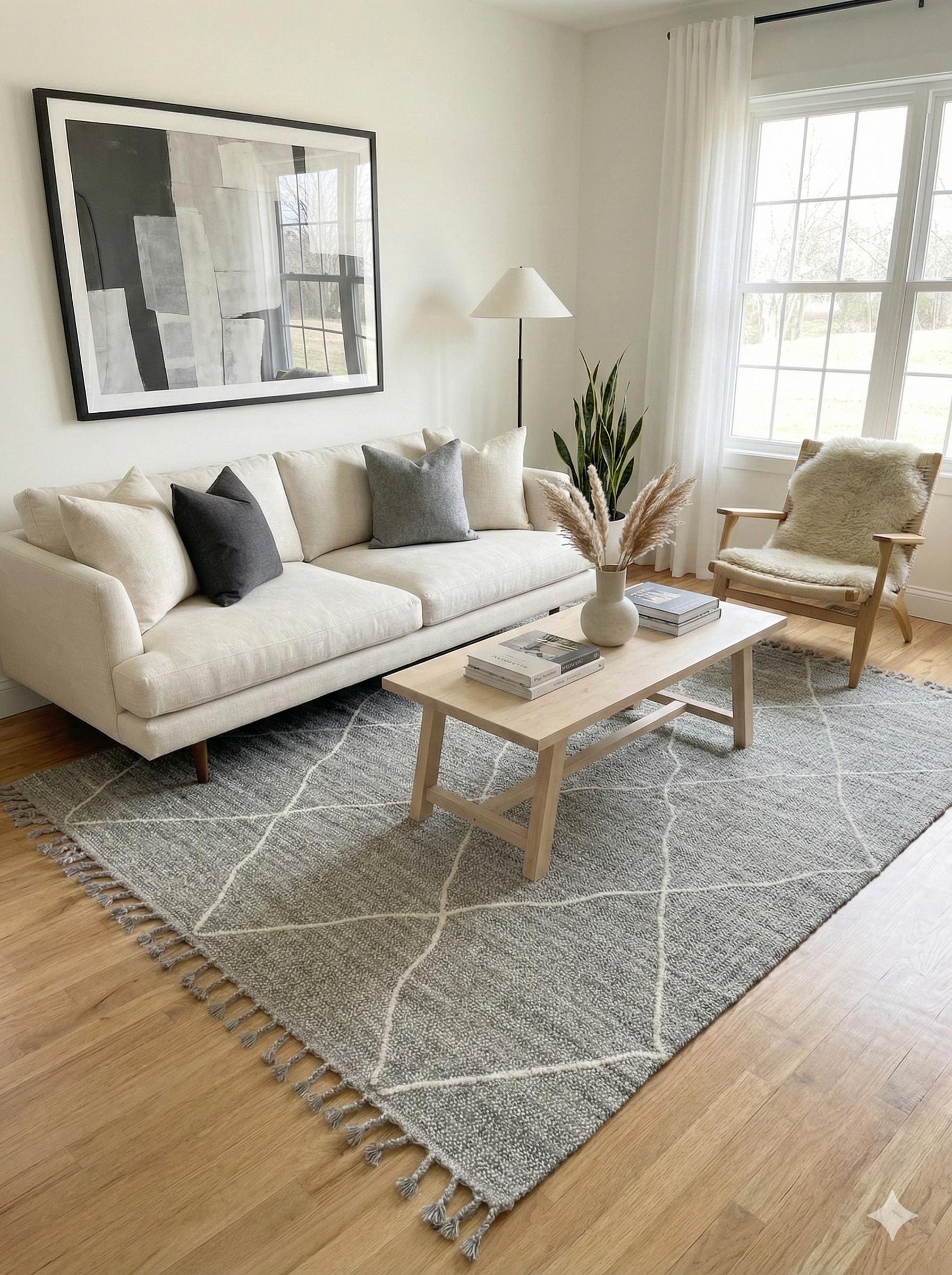 Gray Textured Geometric Carpet with Tassels, Minimalist Scandi Home Decor, Neutral Living Room Rug.