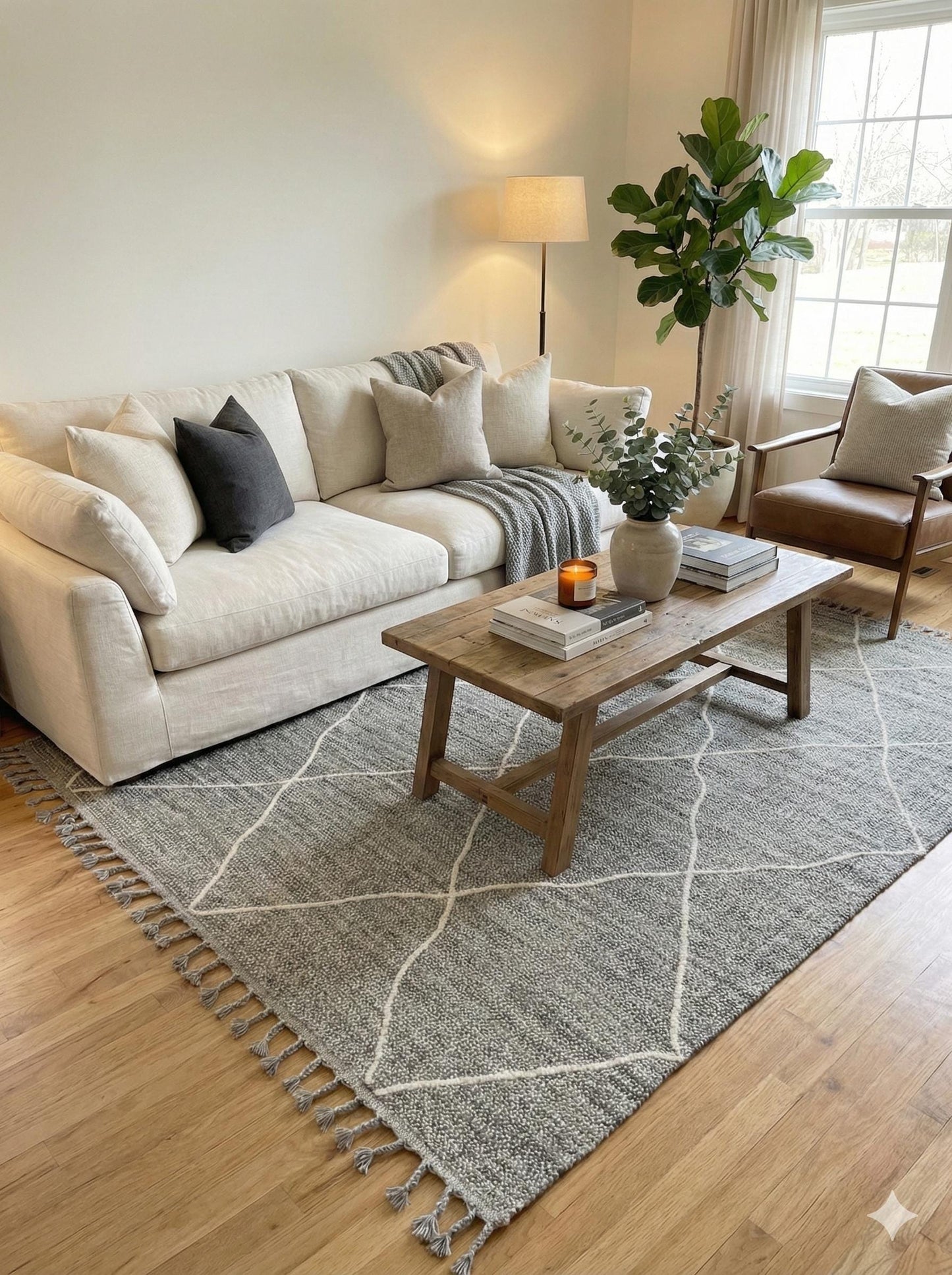 Gray Textured Geometric Carpet with Tassels, Minimalist Scandi Home Decor, Neutral Living Room Rug.