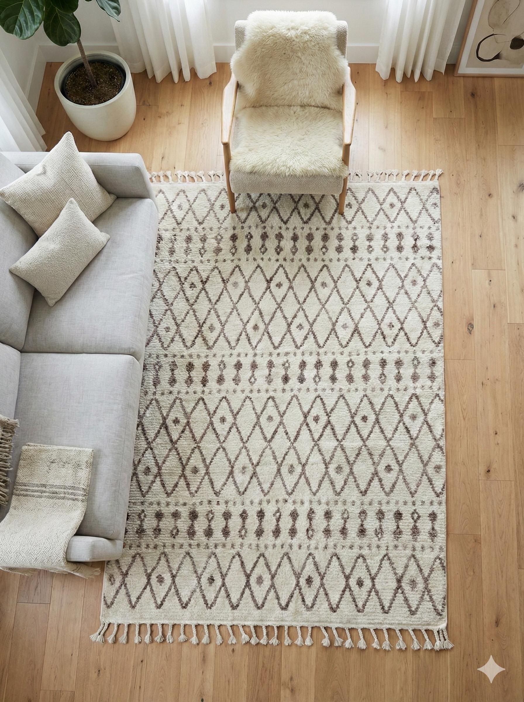 Cream Textured Geometric Carpet with Tassels, Minimalist Scandi Home Decor, Neutral Living Room Rug.