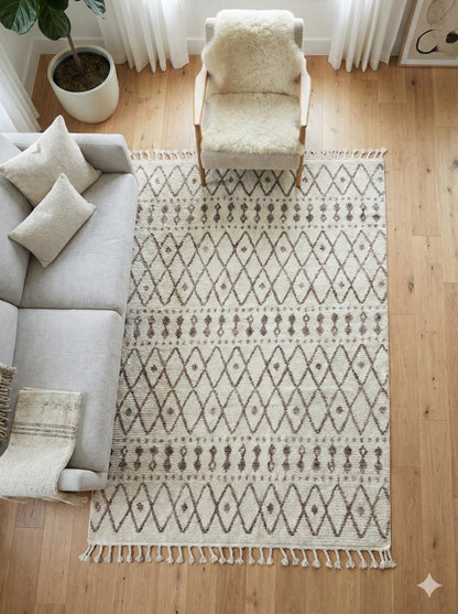 Cream Textured Geometric Carpet with Tassels, Minimalist Scandi Home Decor, Neutral Living Room Rug.
