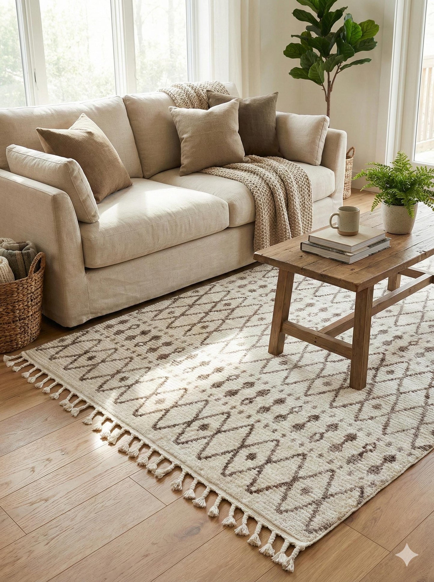 Cream Textured Geometric Carpet with Tassels, Minimalist Scandi Home Decor, Neutral Living Room Rug.
