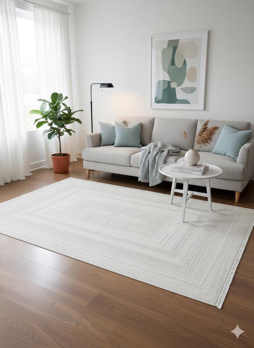 Modern White Texture Rug, 5x7 Cream Contemporary Area Carpet (160x230cm)