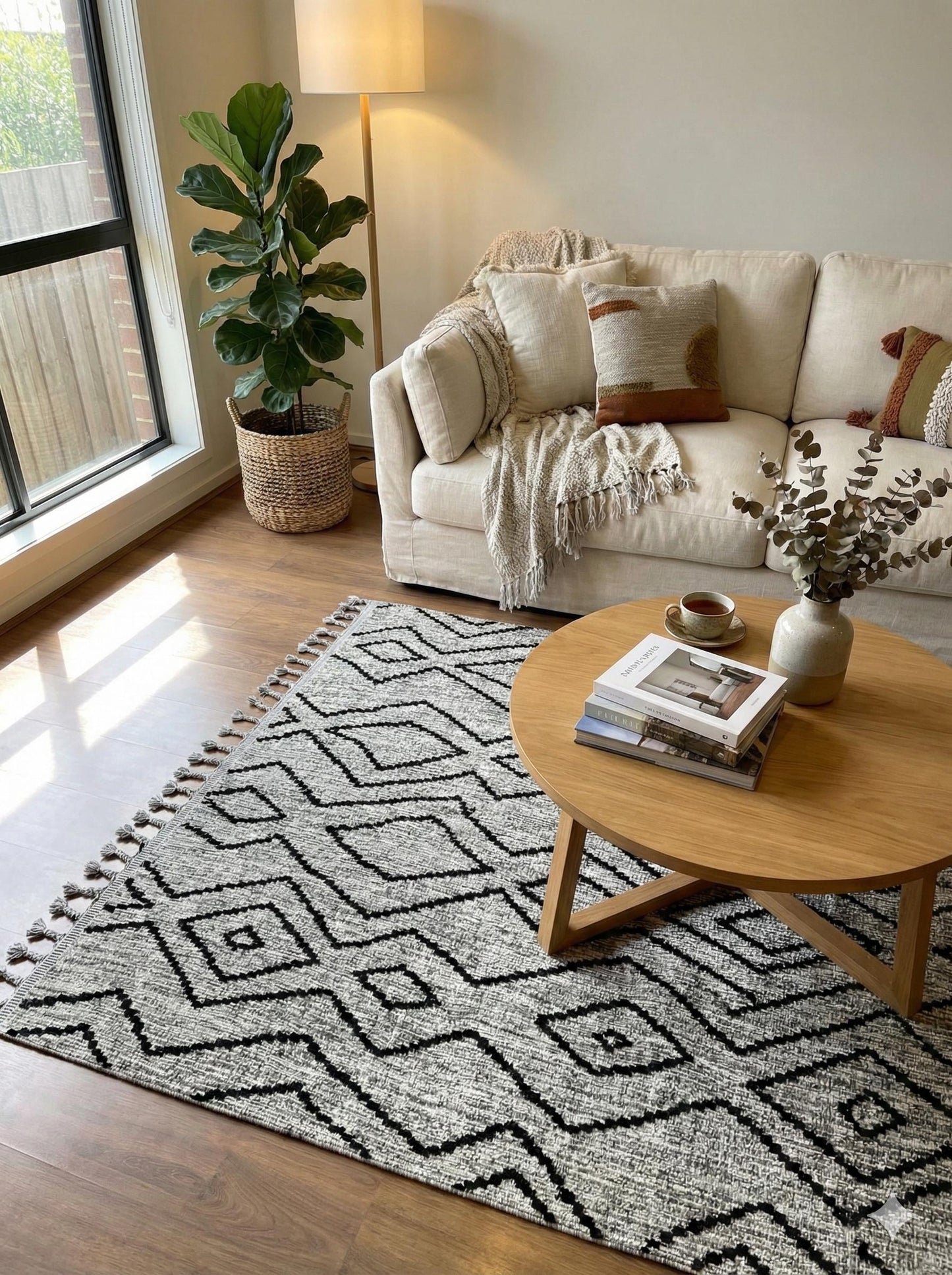 Gray Textured Geometric Carpet with Tassels, Minimalist Scandi Home Decor, Neutral Living Room Rug.