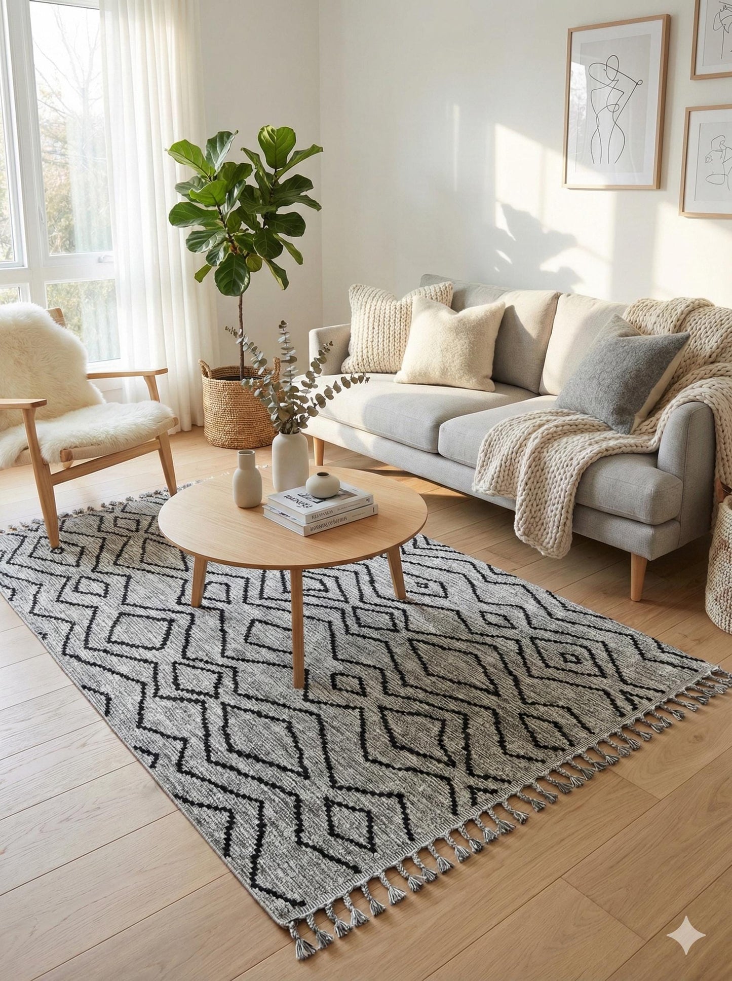 Gray Textured Geometric Carpet with Tassels, Minimalist Scandi Home Decor, Neutral Living Room Rug.