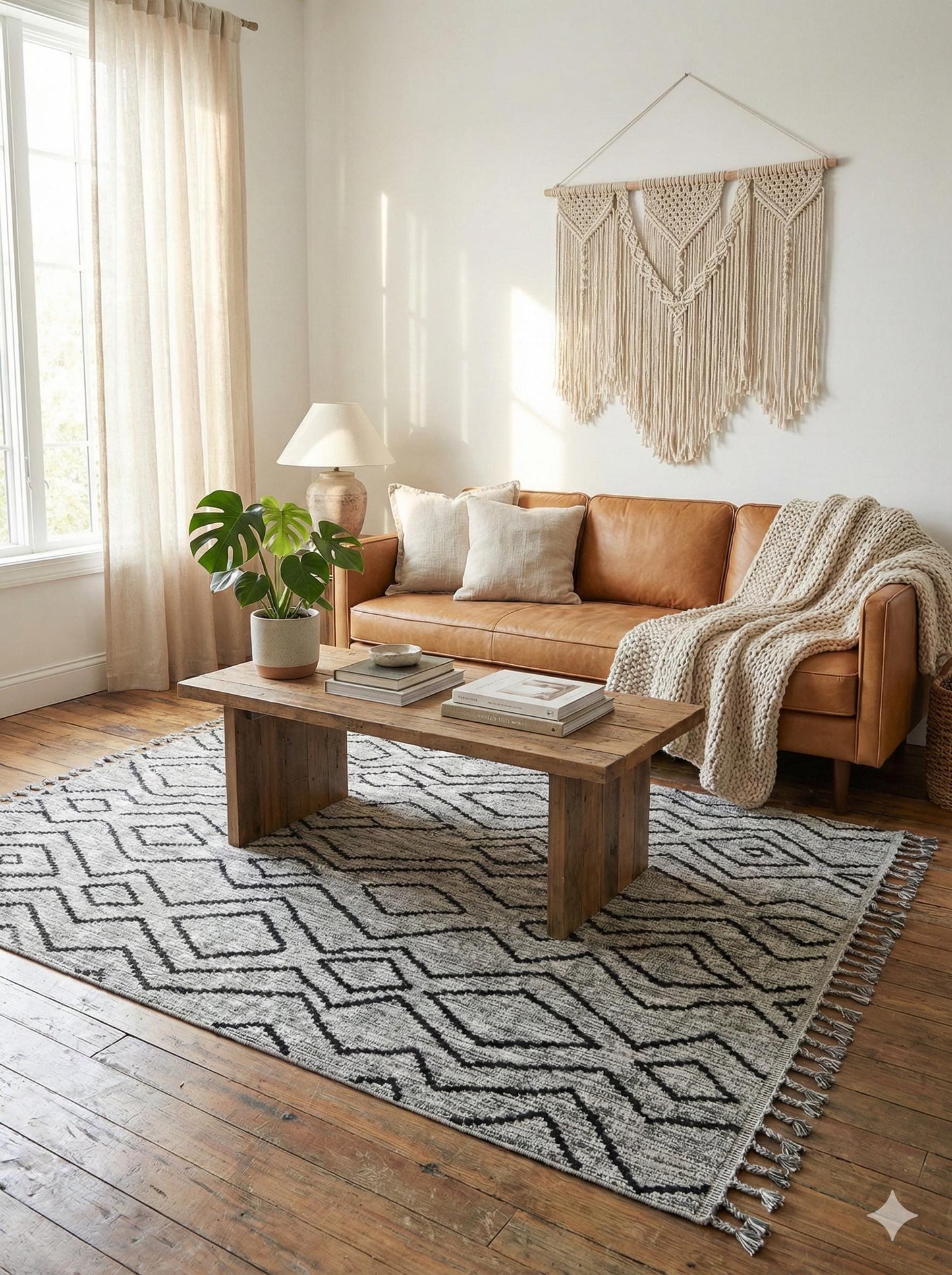 Gray Textured Geometric Carpet with Tassels, Minimalist Scandi Home Decor, Neutral Living Room Rug.