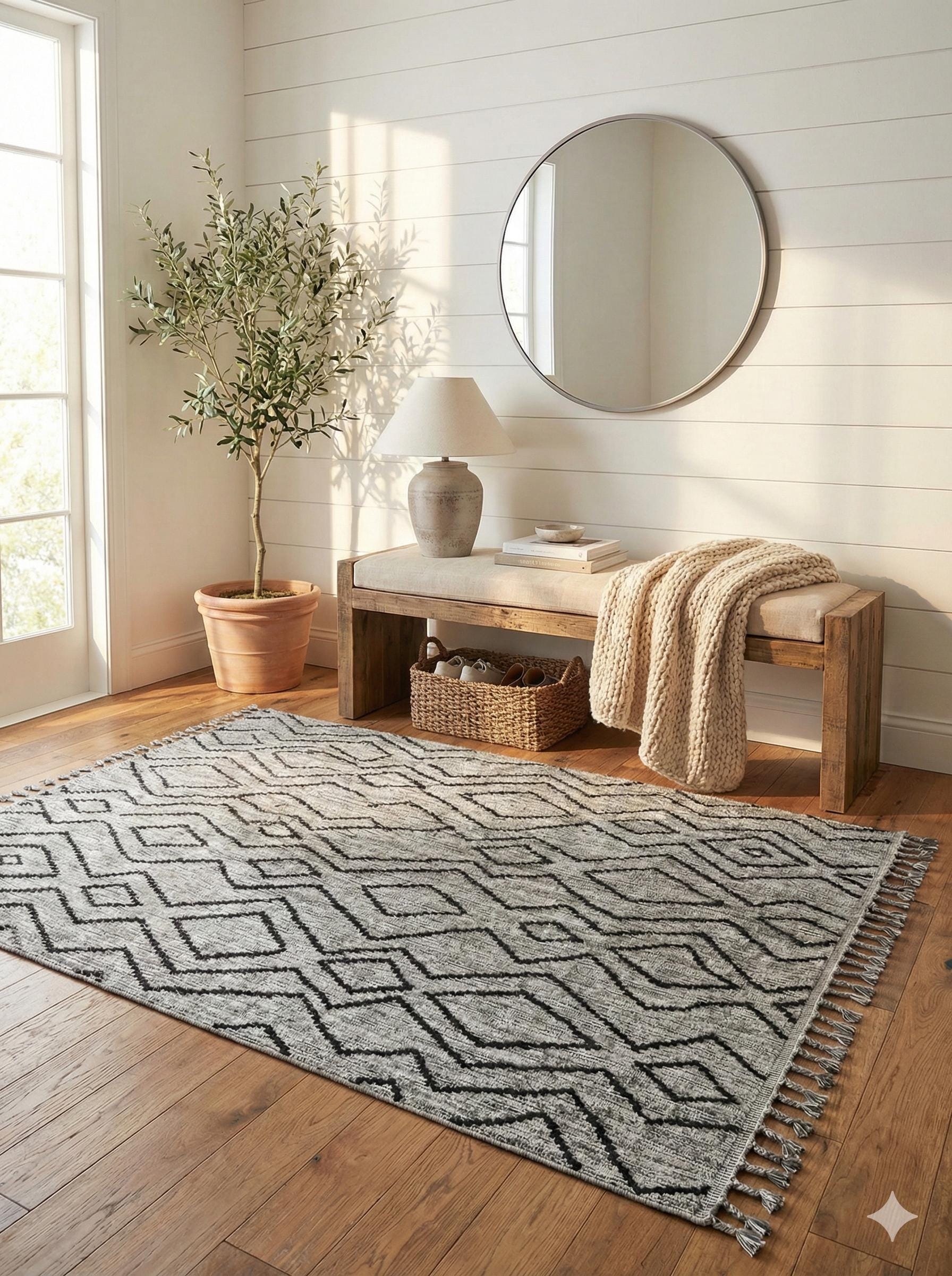 Gray Textured Geometric Carpet with Tassels, Minimalist Scandi Home Decor, Neutral Living Room Rug.