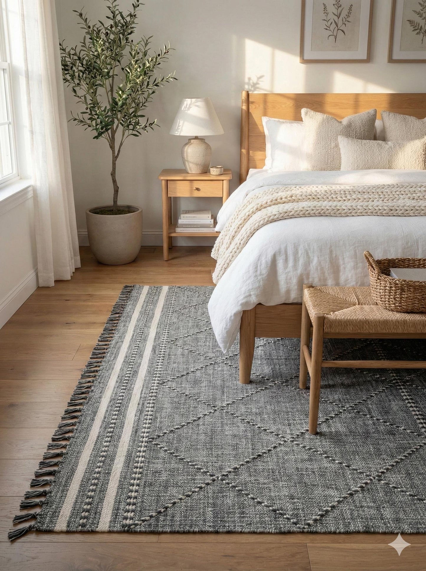 Gray Textured Geometric Carpet with Tassels, Minimalist Scandi Home Decor, Neutral Living Room Rug.