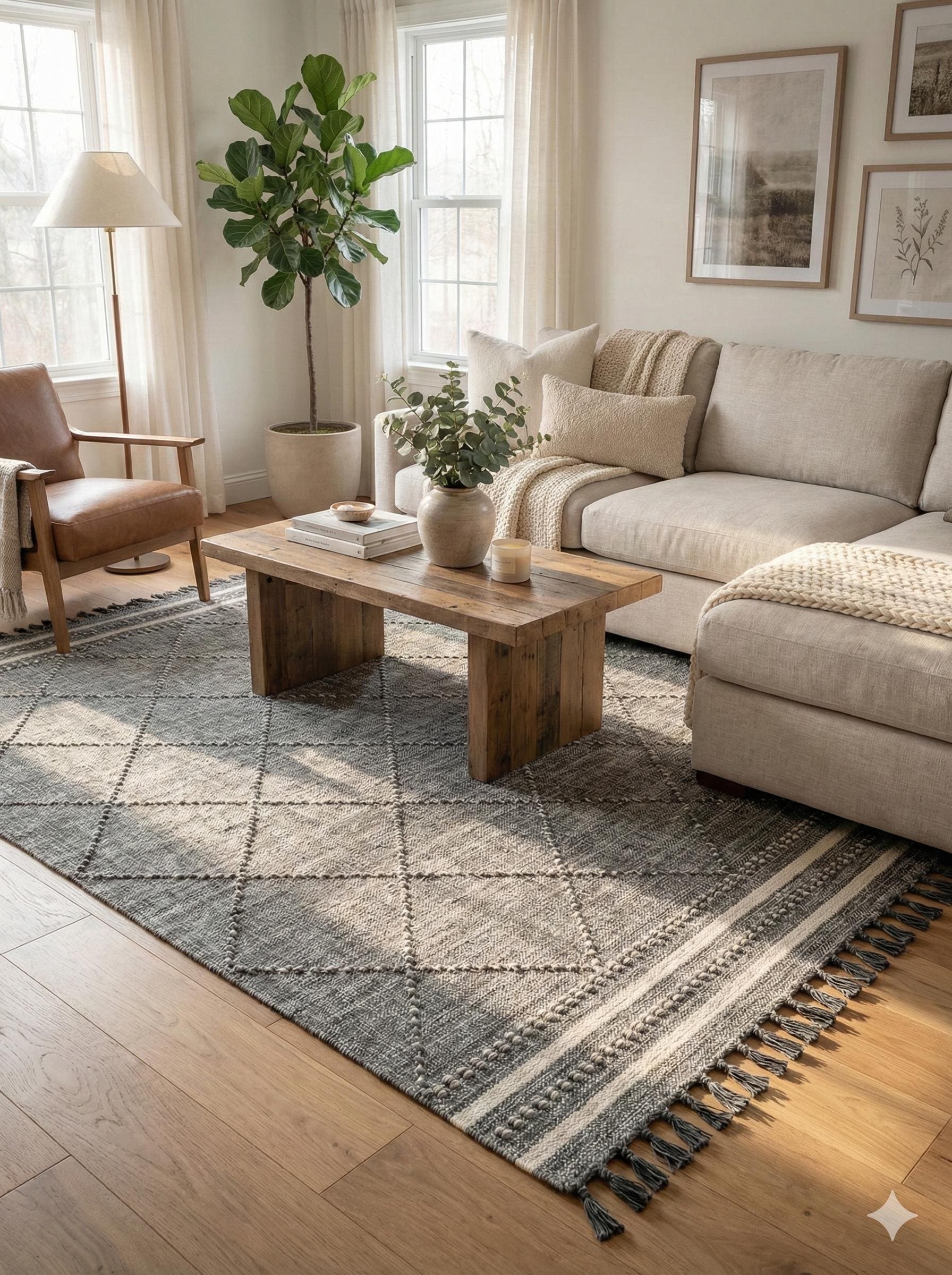 Gray Textured Geometric Carpet with Tassels, Minimalist Scandi Home Decor, Neutral Living Room Rug.