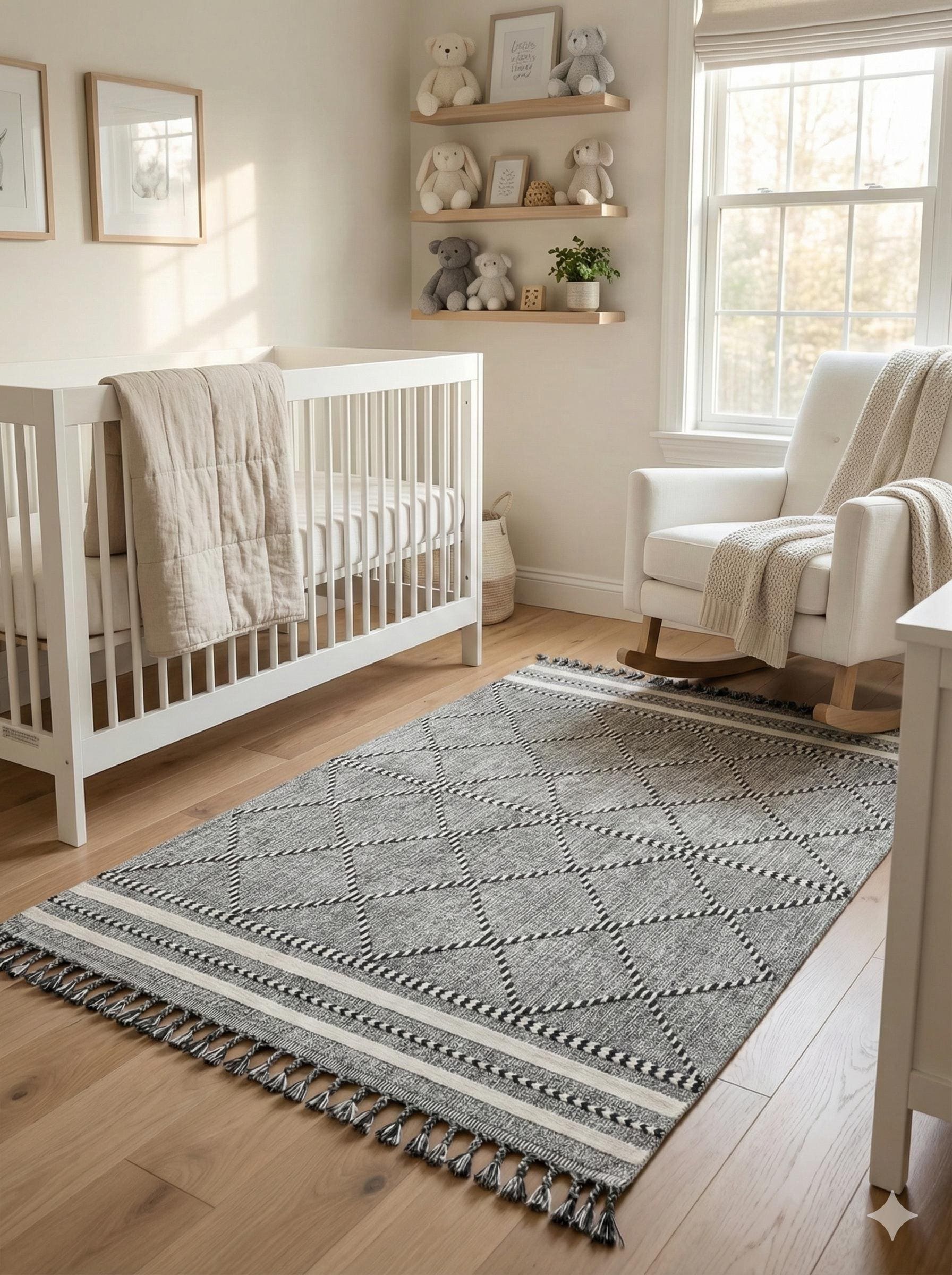 Gray Textured Geometric Carpet with Tassels, Minimalist Scandi Home Decor, Neutral Living Room Rug.