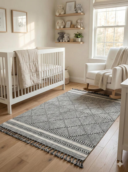 Gray Textured Geometric Carpet with Tassels, Minimalist Scandi Home Decor, Neutral Living Room Rug.