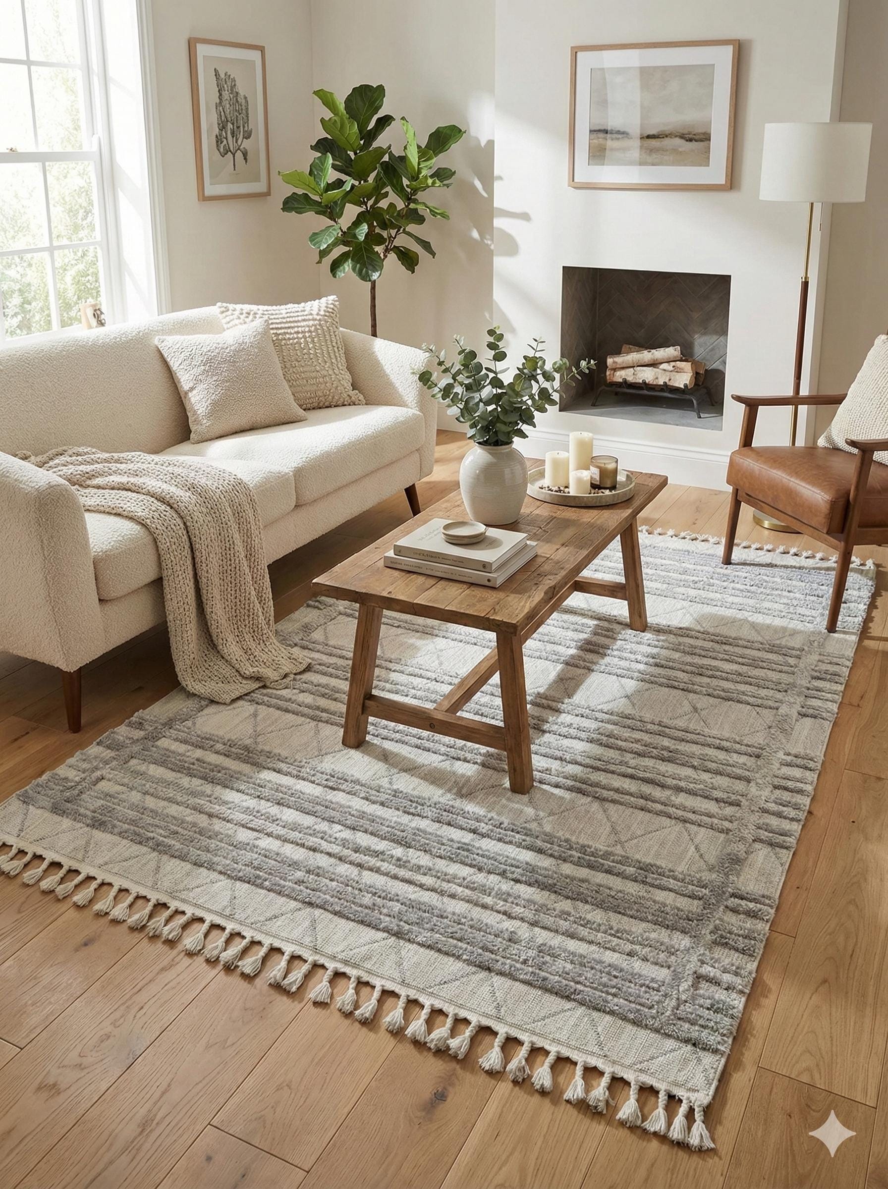 Gray Textured Geometric Carpet with Tassels, Minimalist Scandi Home Decor, Neutral Living Room Rug.
