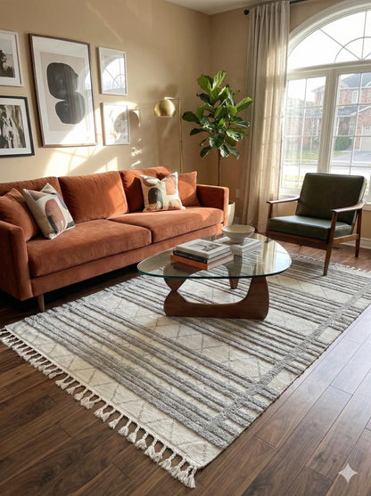 Gray Textured Geometric Carpet with Tassels, Minimalist Scandi Home Decor, Neutral Living Room Rug.