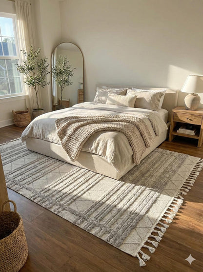 Gray Textured Geometric Carpet with Tassels, Minimalist Scandi Home Decor, Neutral Living Room Rug.