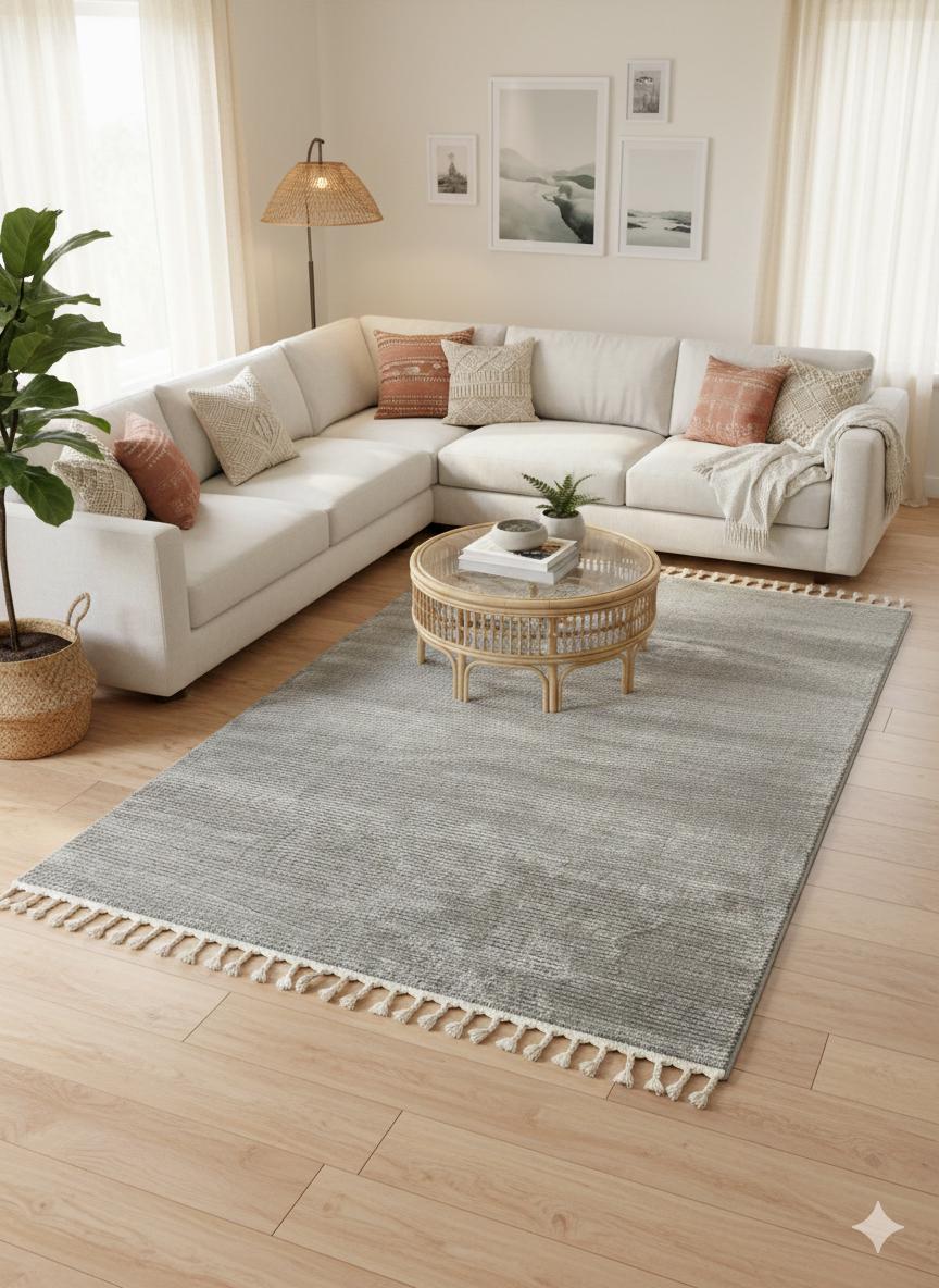 Fluffy Gray Area Rug: Modern Washable Plain shaggy rug with tossels