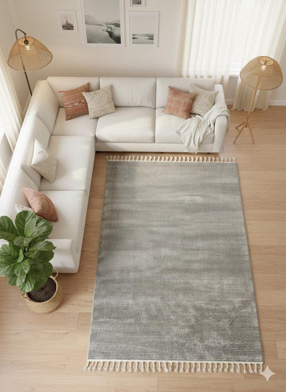 Fluffy Gray Area Rug: Modern Washable Plain shaggy rug with tossels