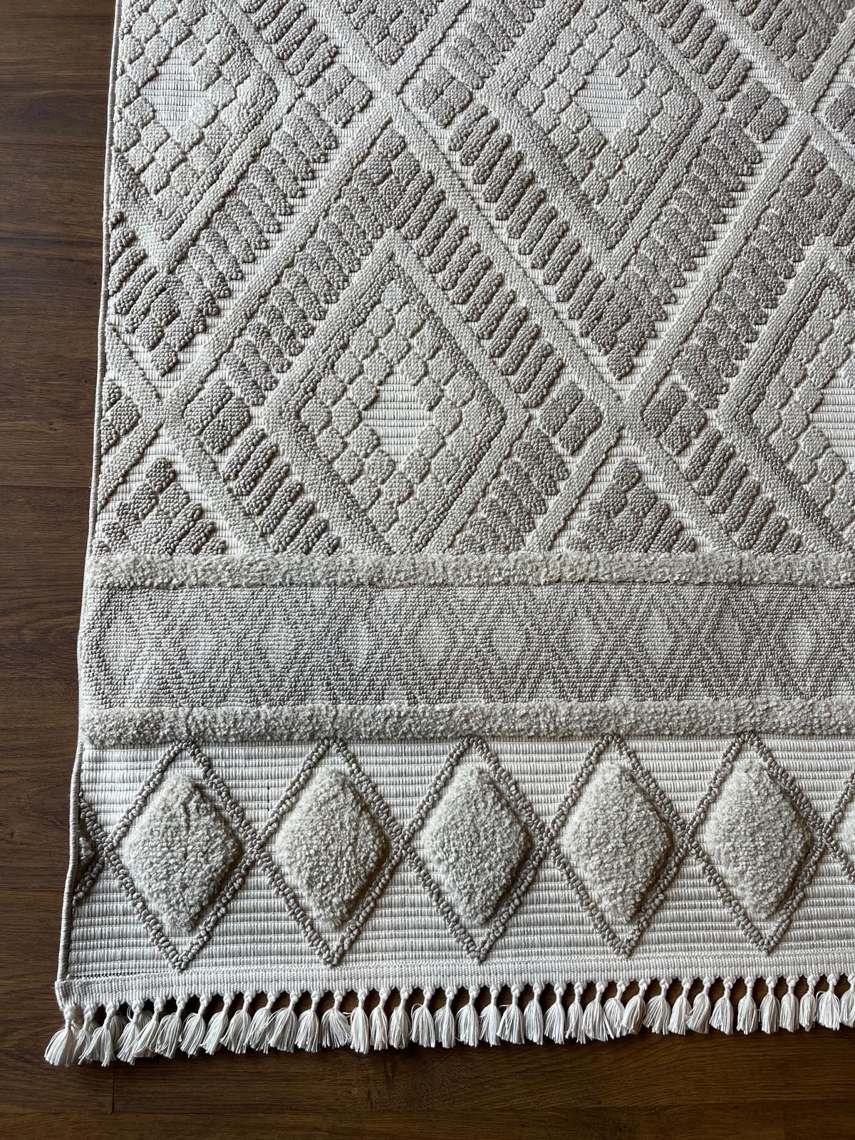 Cream Textured Geometric Carpet with Tassels, Minimalist Scandi Home Decor, Neutral Living Room Rug.