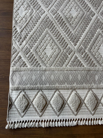 Cream Textured Geometric Carpet with Tassels, Minimalist Scandi Home Decor, Neutral Living Room Rug.