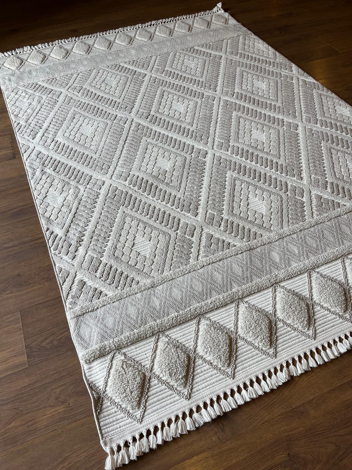 Cream Textured Geometric Carpet with Tassels, Minimalist Scandi Home Decor, Neutral Living Room Rug.