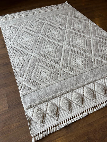 Cream Textured Geometric Carpet with Tassels, Minimalist Scandi Home Decor, Neutral Living Room Rug.