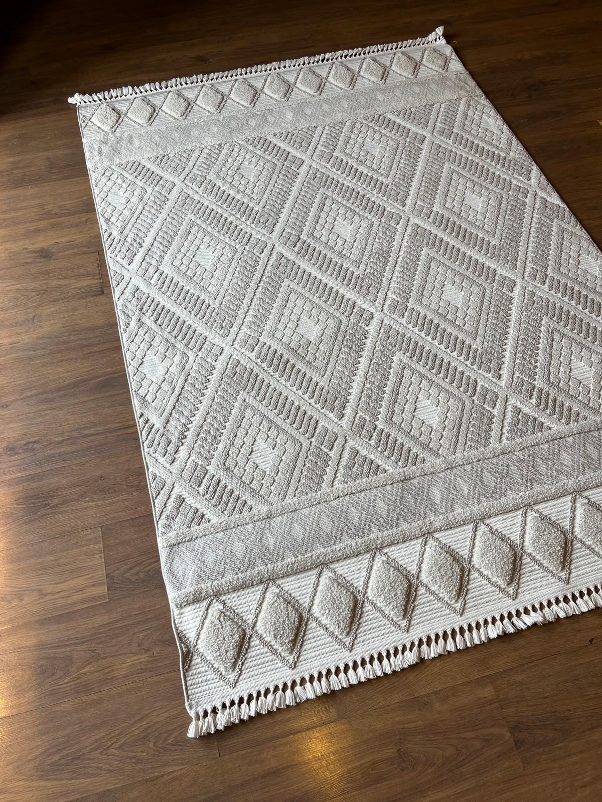 Cream Textured Geometric Carpet with Tassels, Minimalist Scandi Home Decor, Neutral Living Room Rug.