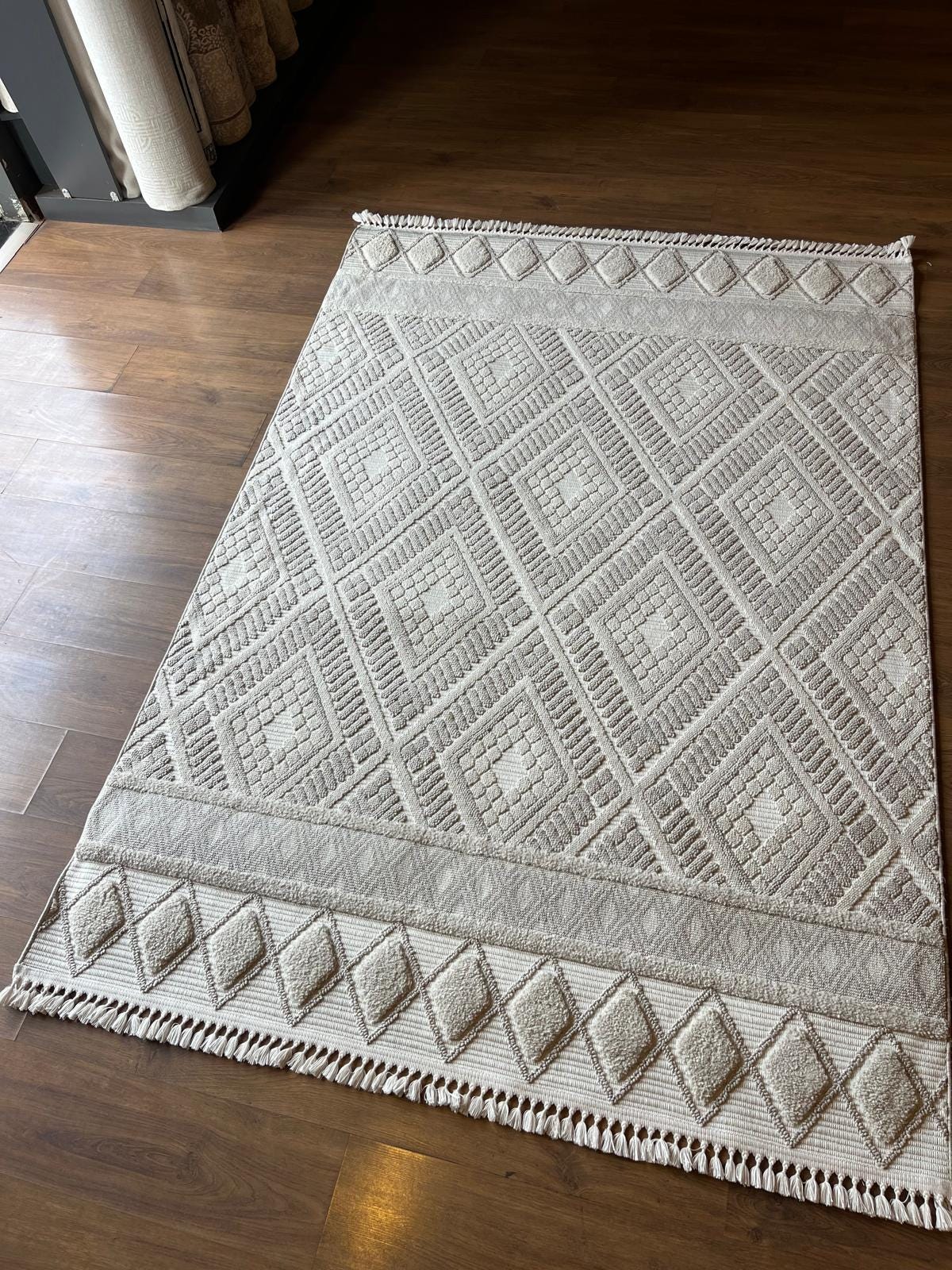 Cream Textured Geometric Carpet with Tassels, Minimalist Scandi Home Decor, Neutral Living Room Rug.
