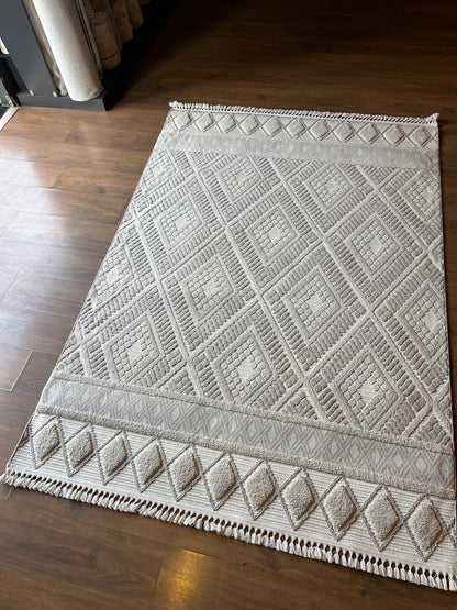 Cream Textured Geometric Carpet with Tassels, Minimalist Scandi Home Decor, Neutral Living Room Rug.